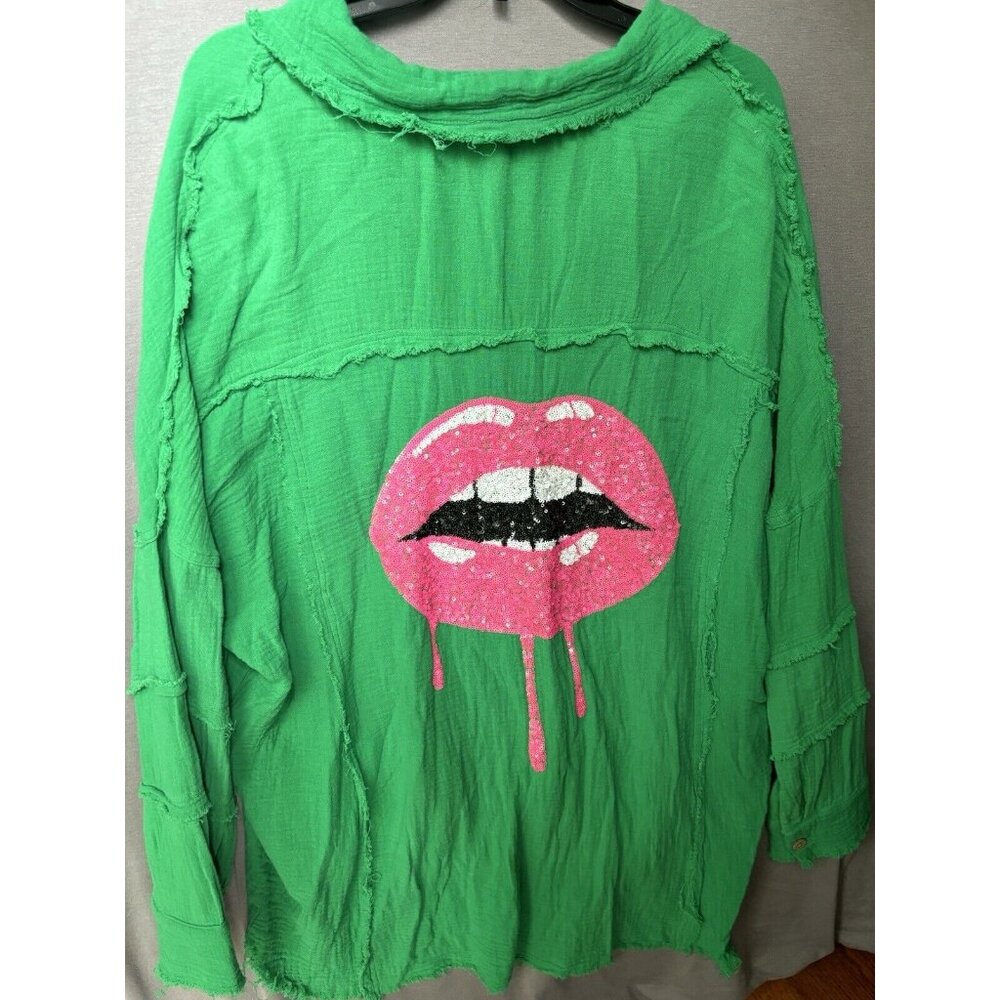 Fantastic Fawn Women's Button Down Shirt Raw Hems Sequins Mouth Graphic